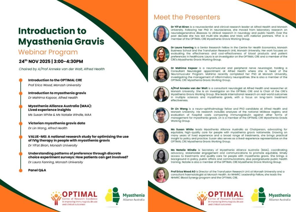 Program overview for the “Introduction to Myasthenia Gravis” webinar, detailing speakers and session topics.
