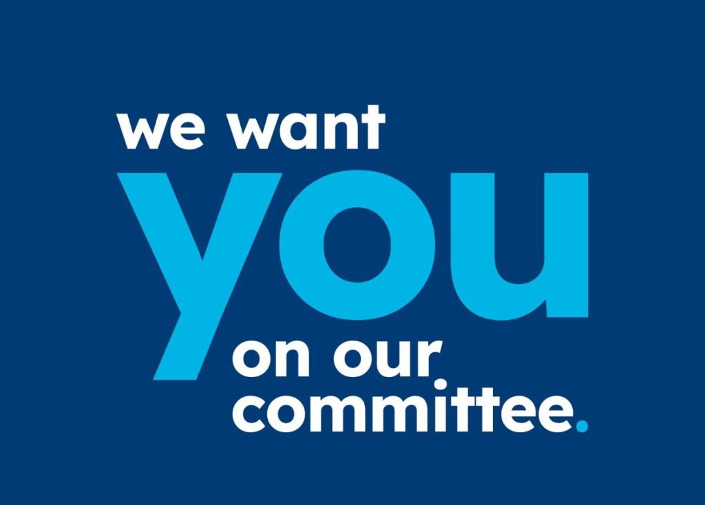 Blue graphic with the text "We want you on our Committee" promoting MG Vic Management committee recruitment.