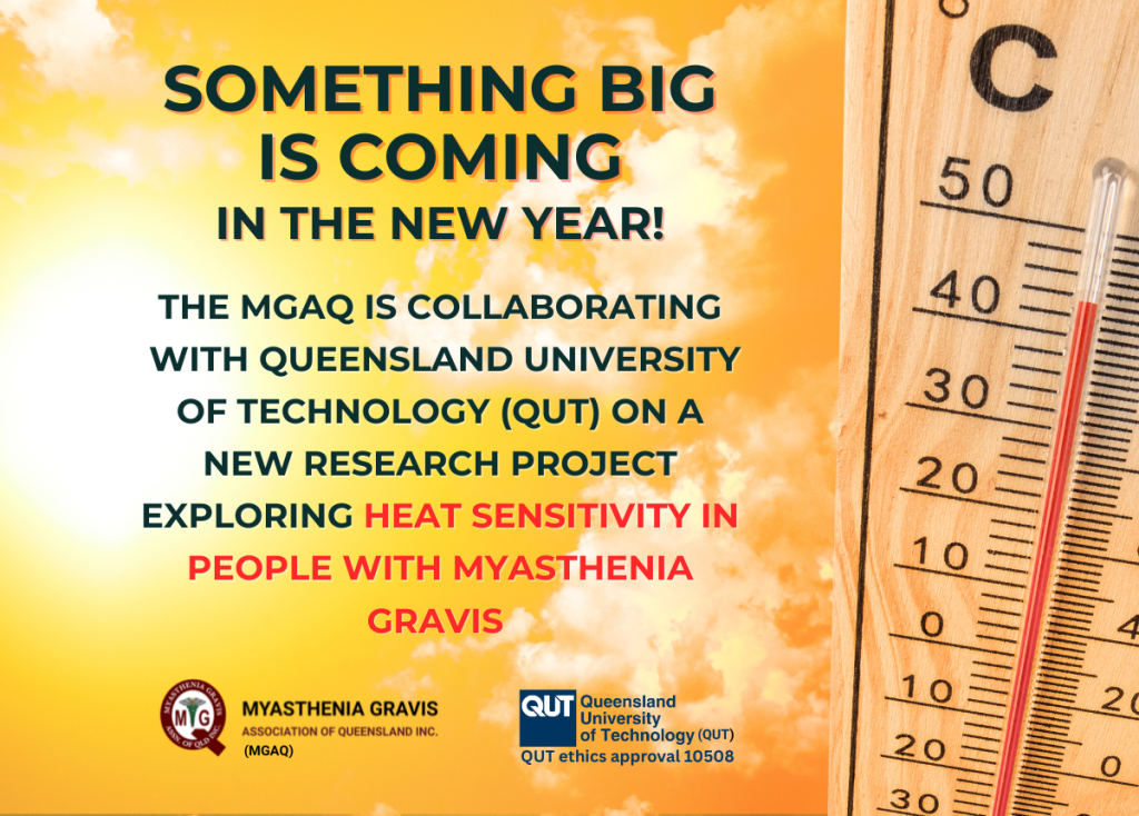 Save the date graphic announcing upcoming MGAQ and QUT research project on heat and myasthenia gravis, featuring a bright heat-themed background and a thermometer image