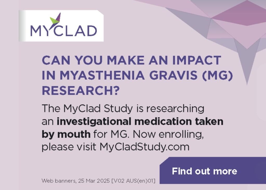 MyClad Study clinical trial banner inviting Australians with myasthenia gravis to participate in MG research