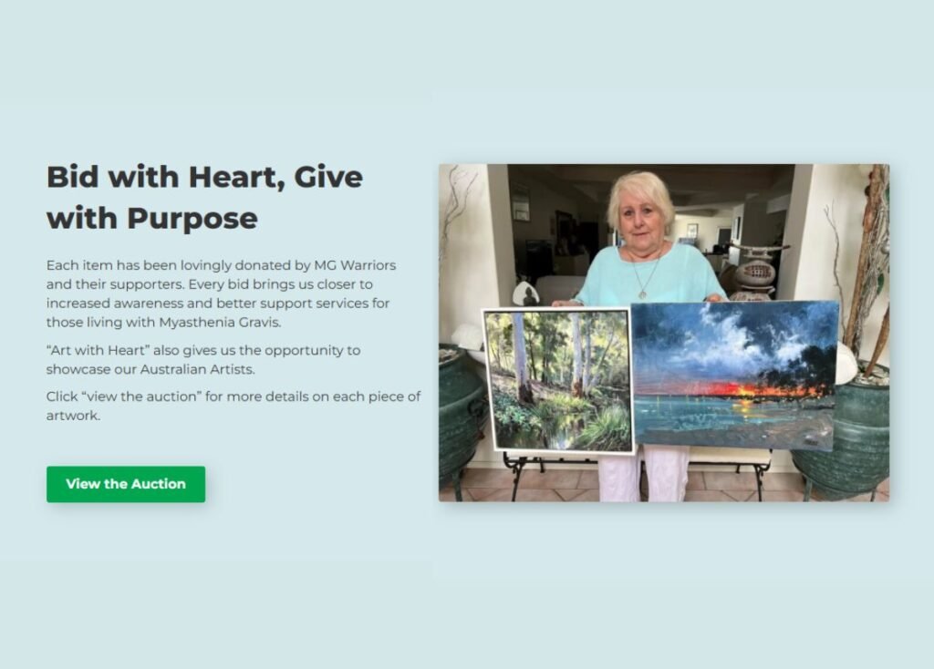 Woman holding donated artwork for Art With Heart auction supporting myasthenia gravis awareness