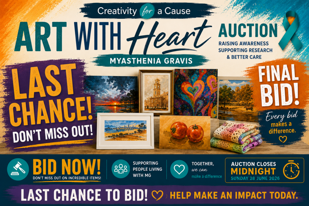 Final days to bid in the Art With Heart Auction 2026 featuring original artwork, handmade gifts and unique donated items supporting Myasthenia Gravis awareness and research.