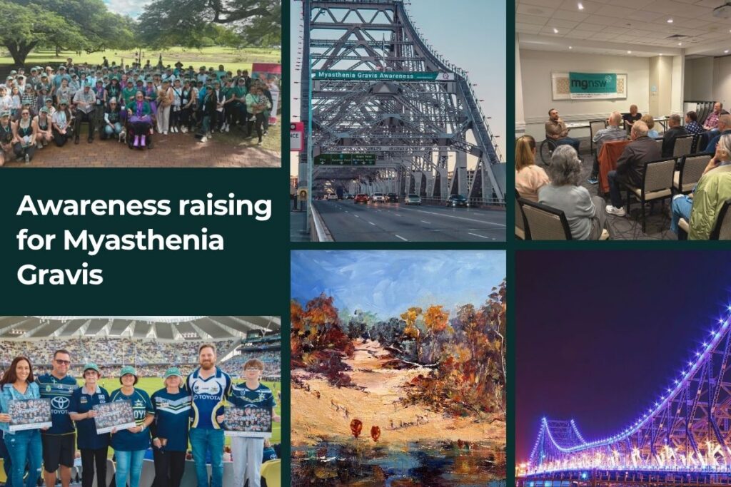 Collage highlighting Myasthenia Gravis Awareness activities across Australia in 2026, including the Brisbane awareness walk, Story Bridge lighting, community events, Art With Heart campaign and awareness initiatives.