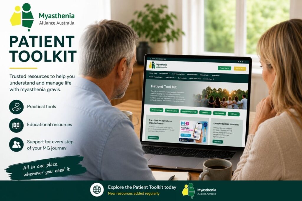 A couple using the Myasthenia Alliance Australia Patient Toolkit on a laptop to access trusted resources, educational webinars and practical tools for living with myasthenia gravis.