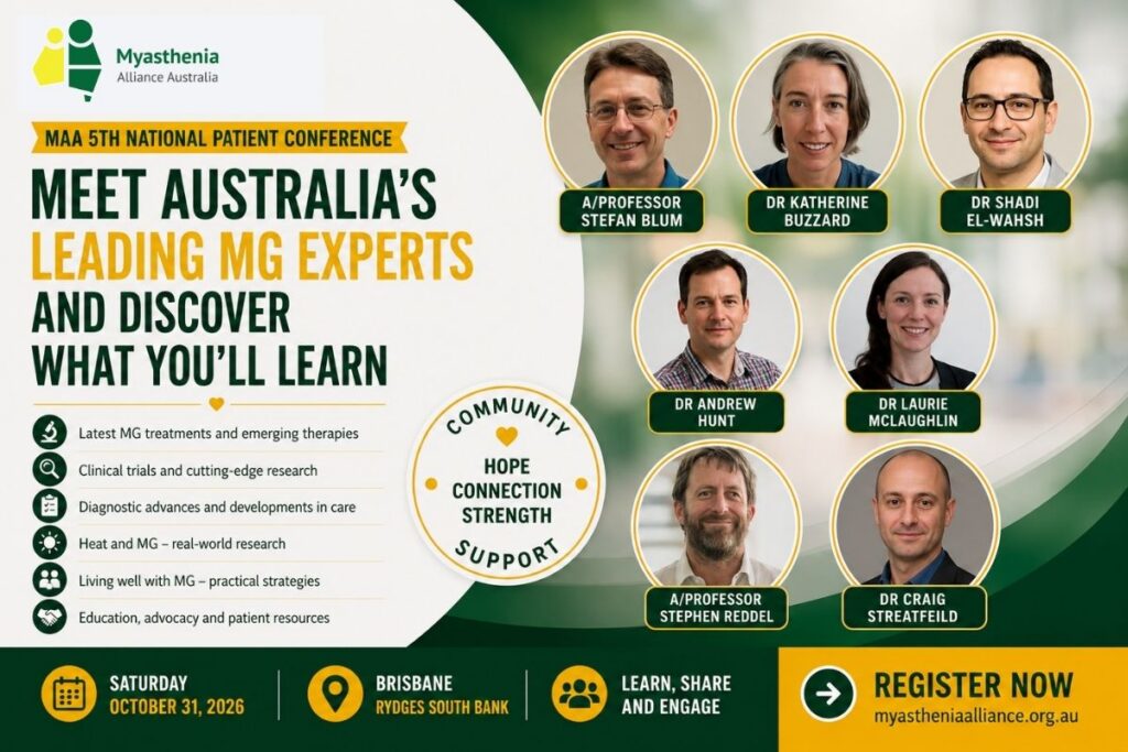 Promotional graphic featuring the expert speaker line-up for the Myasthenia Alliance Australia 5th National Patient Conference in Brisbane.