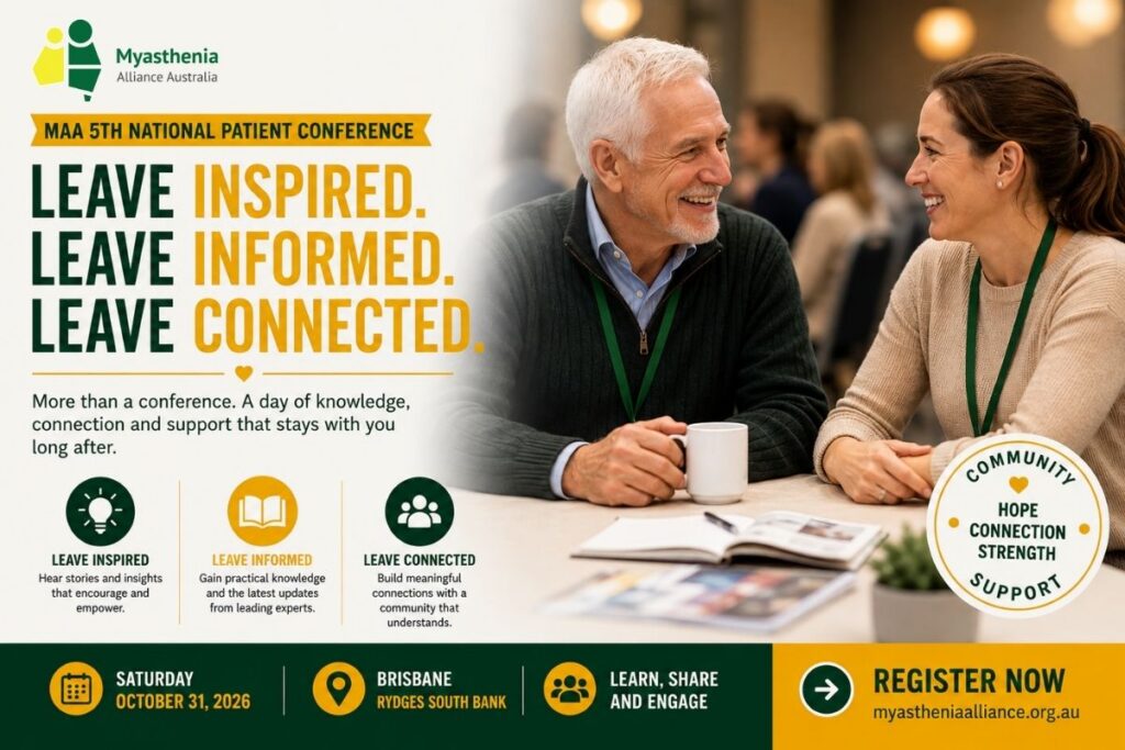 Two conference attendees connecting during the Myasthenia Alliance Australia 5th National Patient Conference in Brisbane, highlighting community, support and shared learning.