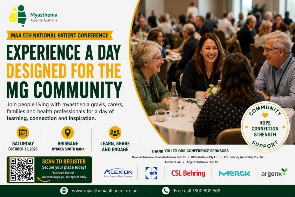 Conference attendees enjoying conversation and connection at the Myasthenia Alliance Australia 5th National Patient Conference in Brisbane.