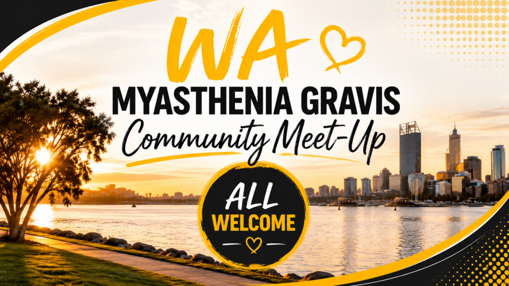 WA Myasthenia Gravis Community Meet-Up graphic with an All Welcome badge, set against a sunset view of the Swan River and Perth city skyline